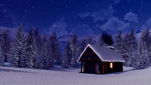 下雪的冬夜有冒烟烟囱的小木屋
