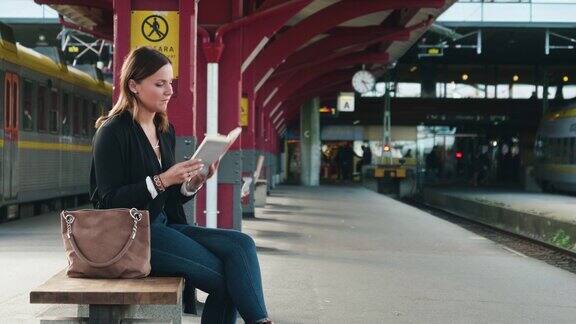 女人在等火车时看书