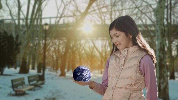 旋转地球地球女孩孩子握着人类的手阳光