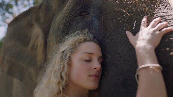 大自然女人抚摸大象爱抚动物伴侣享受友谊4k