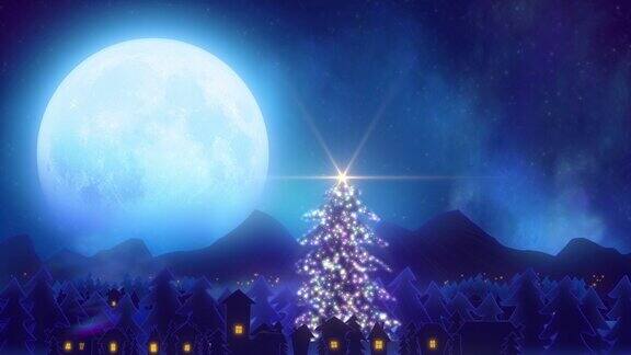 圣诞老人飞过月亮唤醒了村庄和星星和圣诞树