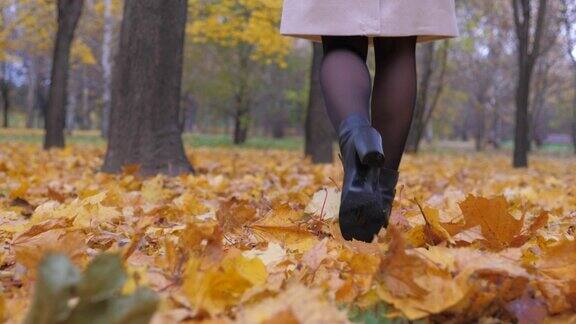 穿着连裤袜和黑色靴子的脚女士在黄色树叶的秋天地毯上