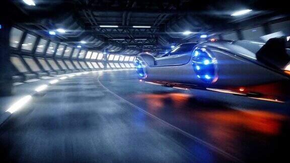 未来飞车在科幻隧道、走廊中快速行驶未来现实的4k的动画