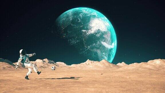 勇敢的宇航员在月球表面踢足球慢慢地射击