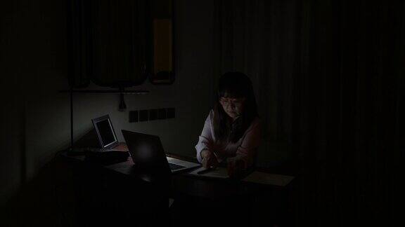 一个亚洲成熟的商业女性晚上独自坐在办公室里