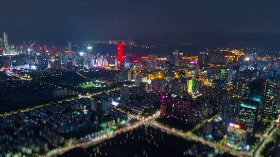 夜光深圳城市景观航拍全景4k倾斜移位时间推移中国