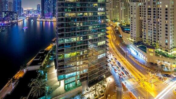 迪拜码头夜间照明空中时间推移阿联酋