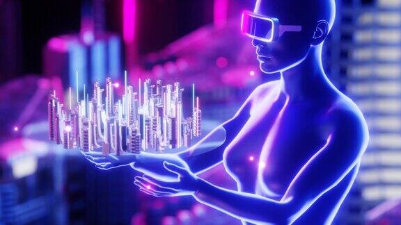 戴着VR眼镜的女人看着虚拟城市的全息图