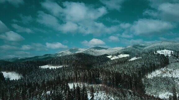 山脉积雪喀尔巴阡山脉针叶林滑雪场美丽的风景航拍视频4K