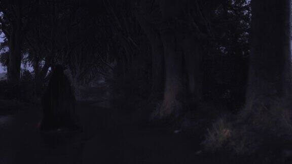 一个带面具的邪恶人物的4k恐怖镜头在黑暗树篱北爱尔兰