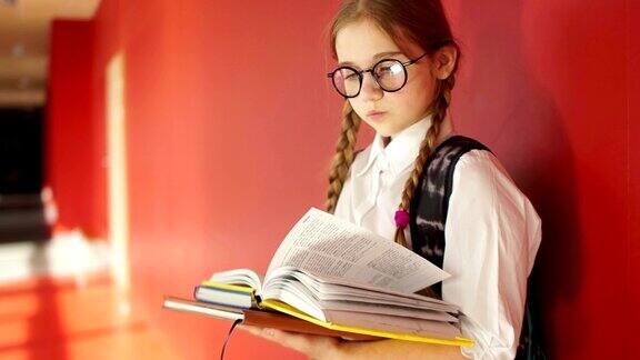 扎着辫子的女孩在学校走廊里读课本