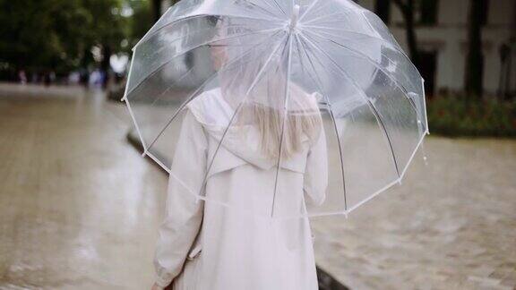 难得看到一个女人带着透明伞在雨天行走