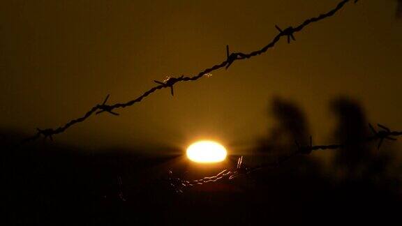 太阳在日落时藏在铁丝网里