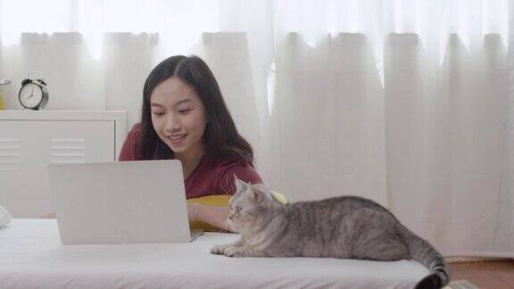 年轻的亚洲妇女在家和她的猫工作