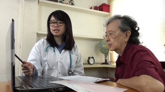 医生用笔记本电脑向一位老妇人解释药物