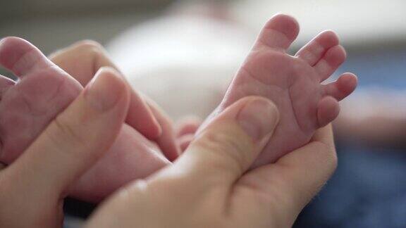 妈妈按摩新生儿宝宝的脚用拇指温柔抚摸育儿