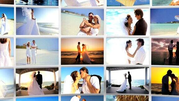蒙太奇白种人夫妇热带海滩婚礼和蜜月