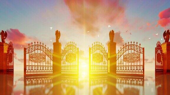金色的天堂之门在神奇的夕阳下打开白鸽在飞翔