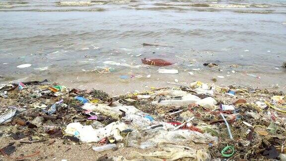 海滩污染塑料瓶和海滩上的其他垃圾
