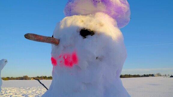 一个头上戴着紫色帽子的雪人