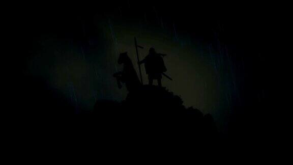 一名战士和他的马站在一个悬崖下的闪电风暴