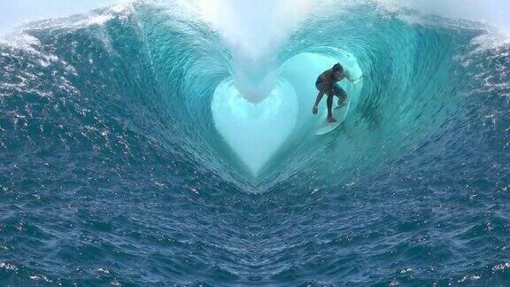 慢动作极限冲浪者冲浪破管状波浪形状的心爱