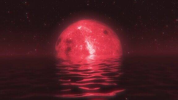 平静的海面上出现了超现实的满月红灯