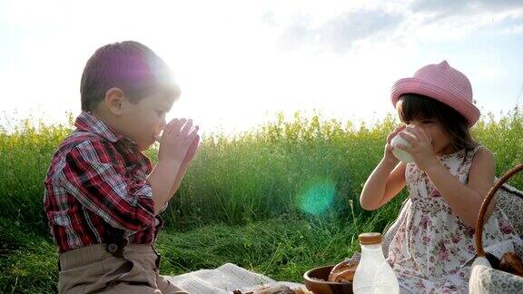 女孩和男孩与食物的自然快乐的孩子在新鲜的空气面包和乳制品吃休息期间假期在自然