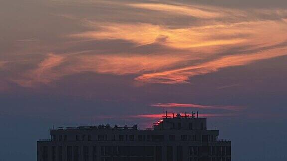 夕阳落在城市建筑屋顶后面