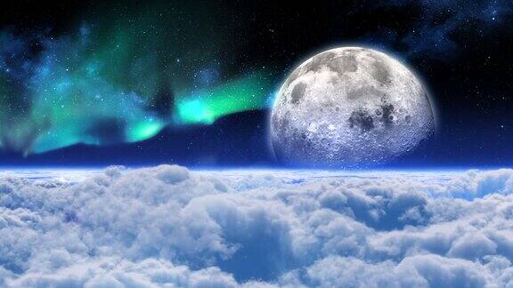 夜间飞行云层上方的月亮