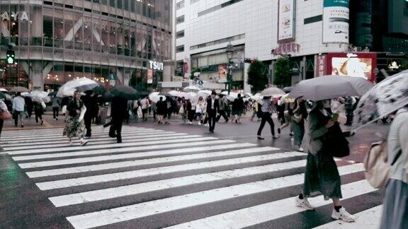 下雨时人群穿过城市道路