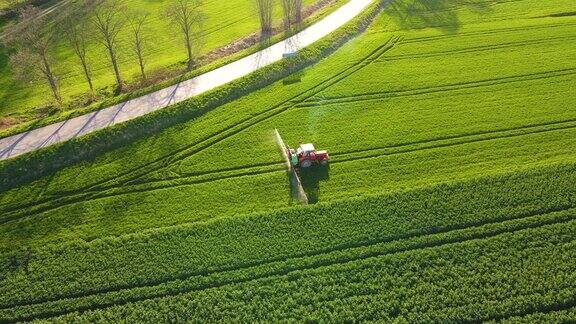 喷洒绿色麦田农用拖拉机在田间喷洒喷雾器、除草剂和杀虫剂工业机械施肥