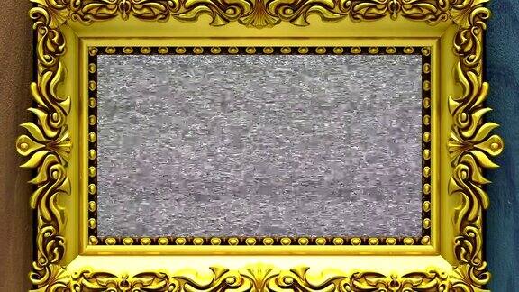 镜头拉近到金色的相框背景上的彩色木材电视噪音和绿色色度键在屏幕上播放3d动画