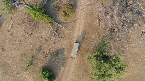 4K高空俯瞰津巴布韦戈纳雷州国家公园一辆4×4游猎车在灌木草原上开着美丽的大猴面包树