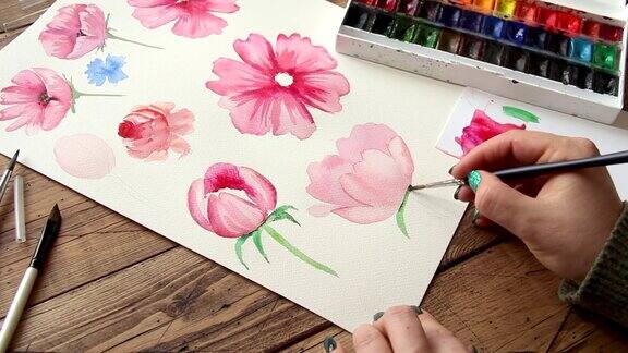 近距离用水彩画粉红色的花