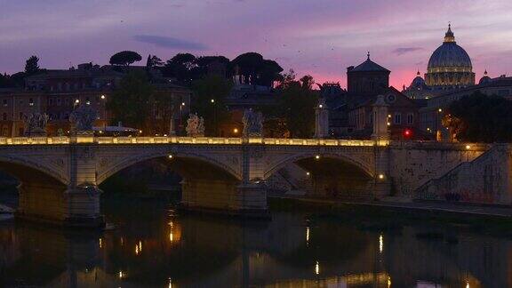 意大利夜间照明罗马城维托里奥·埃马努埃莱桥梵蒂冈全景4k