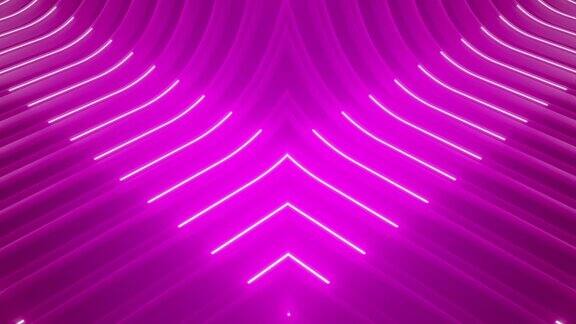 紫外霓虹背景与发光梯度箭头显示前进方向空舞台霓虹灯标志箭头动画粉红色的光信号图标从中心蔓延黑色壁纸