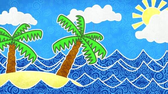 热带岛屿和棕榈树循环动画