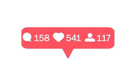 社交媒体上的红心计数器在白色背景下随着时间的推移显示喜欢评论点赞关注者计数器4k的视频