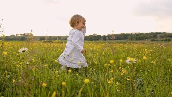 SLOMO蹒跚学步的女孩在草地上迈出了第一步