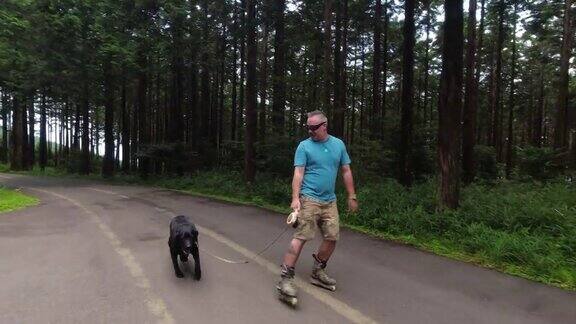 男人与狗在森林道路上滑冰的乐趣和锻炼