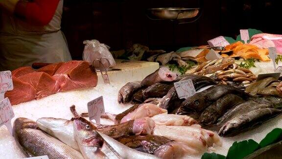 在LaBoqueria鱼市场展示冰海鲜巴塞罗那西班牙
