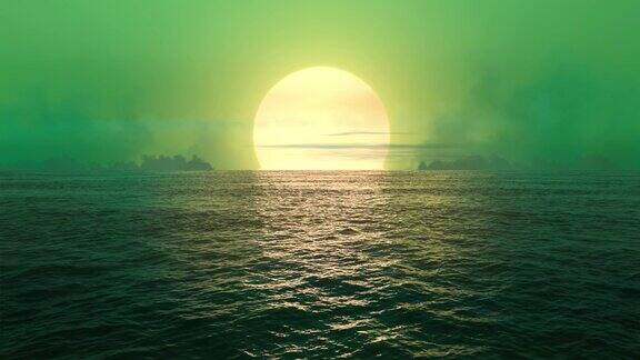 绿色星球-日落在无缝循环的海洋