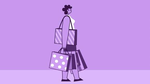 紫色风格的女人扁平的性格走与购物袋在手中带有Alpha通道的孤立动画