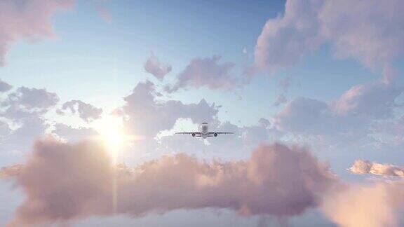 飞机在多云的日落天空起飞