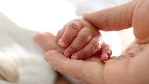 成人的手抚摸婴儿的小手