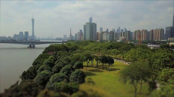 白天时间广州市珠江公园倾斜4k中国航拍全景图