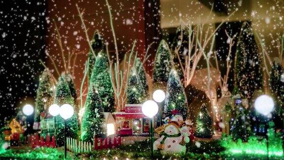 圣诞村场景在商店与飘落的雪花圣诞假期期间-特写-圣诞事件