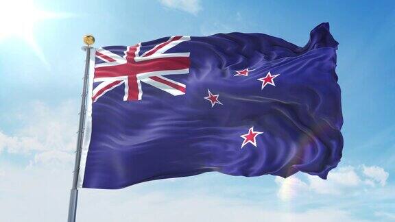 新西兰国旗在深蓝色的天空中迎风飘扬国家主题国际理念3D渲染无缝循环4K