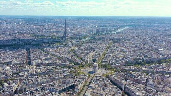 2019年5月法国巴黎无人机俯瞰历史悠久的市中心凯旋门和埃菲尔铁塔